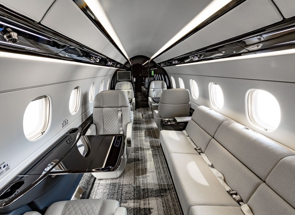 Embraer Legacy 500 refurbished main cabin viewed from the aft