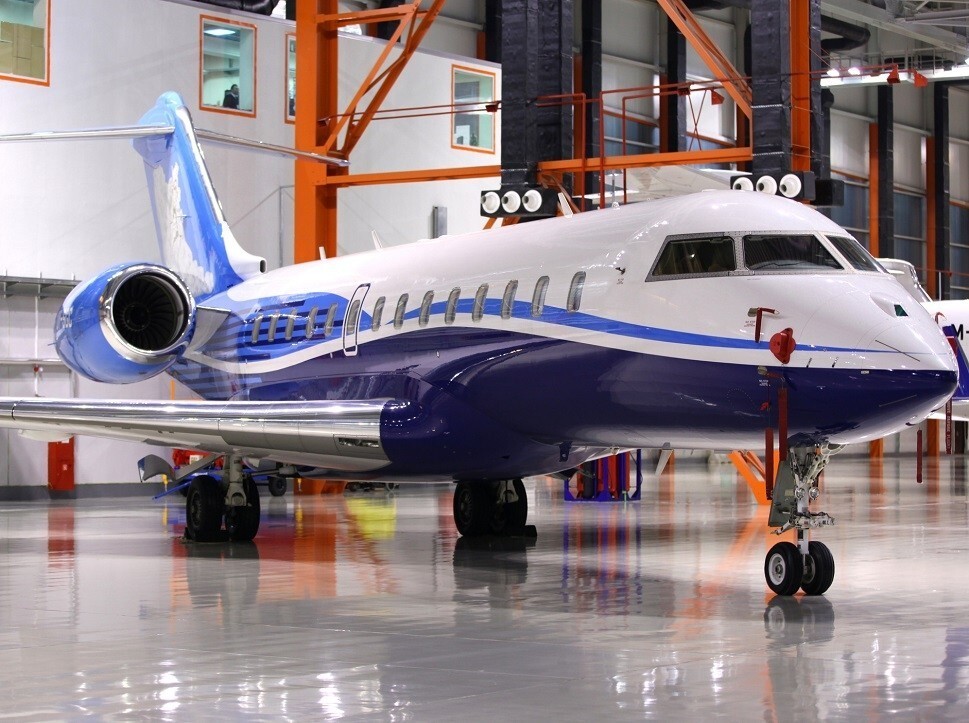 Bombardier Global 5000  in a maintenance hangar